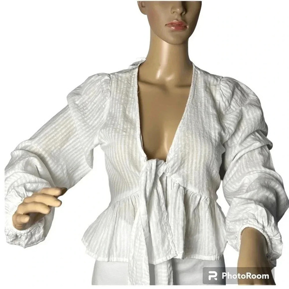AE,peplum,front tie knot,peasant sleeves top, linen cotton,striped,NWT,striped - Picture 1 of 15